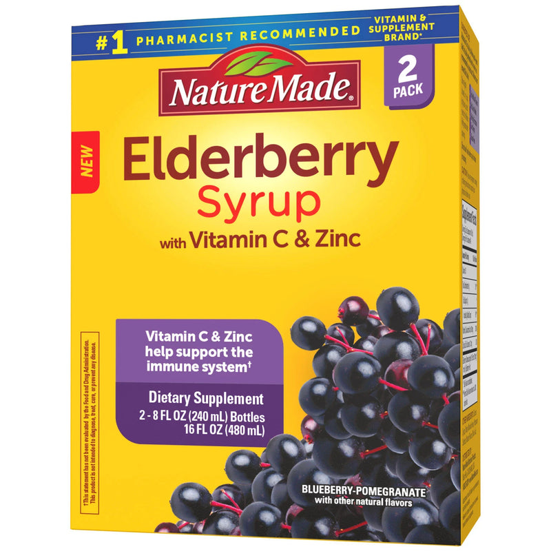 Nature Made Black Elderberry Syrup with Zinc and Vitamin C, for Immune Support Help, Blueberry Pomegranate Flavor, (8 fl., oz. 2 pk)