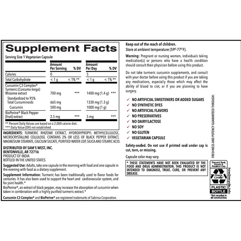 Member's Mark Extra Strength Turmeric Extract Vegetarian Capsules (1400 mg., 180 ct.)