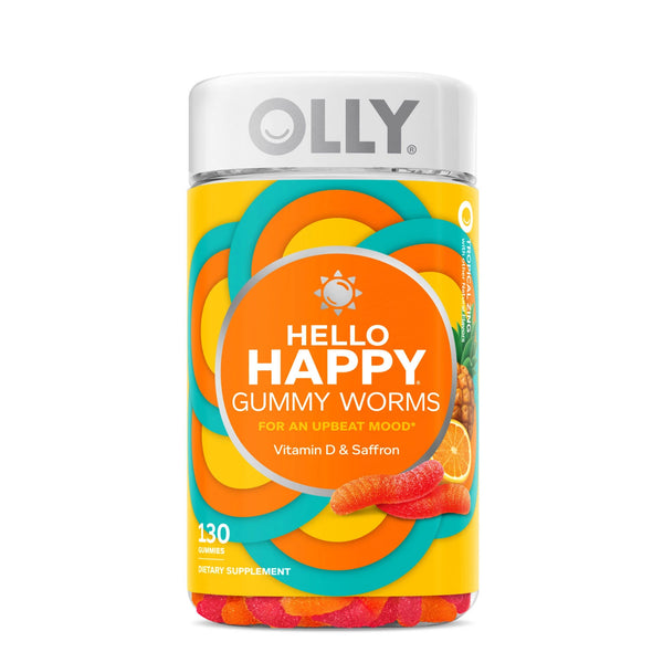 OLLY Hello Happy Gummy Worms ، دعم توازن المزاج بفيتامين د ، مكمل غذائي قابل للمضغ للبالغين ، زينج استوائي (130 قيراط)
