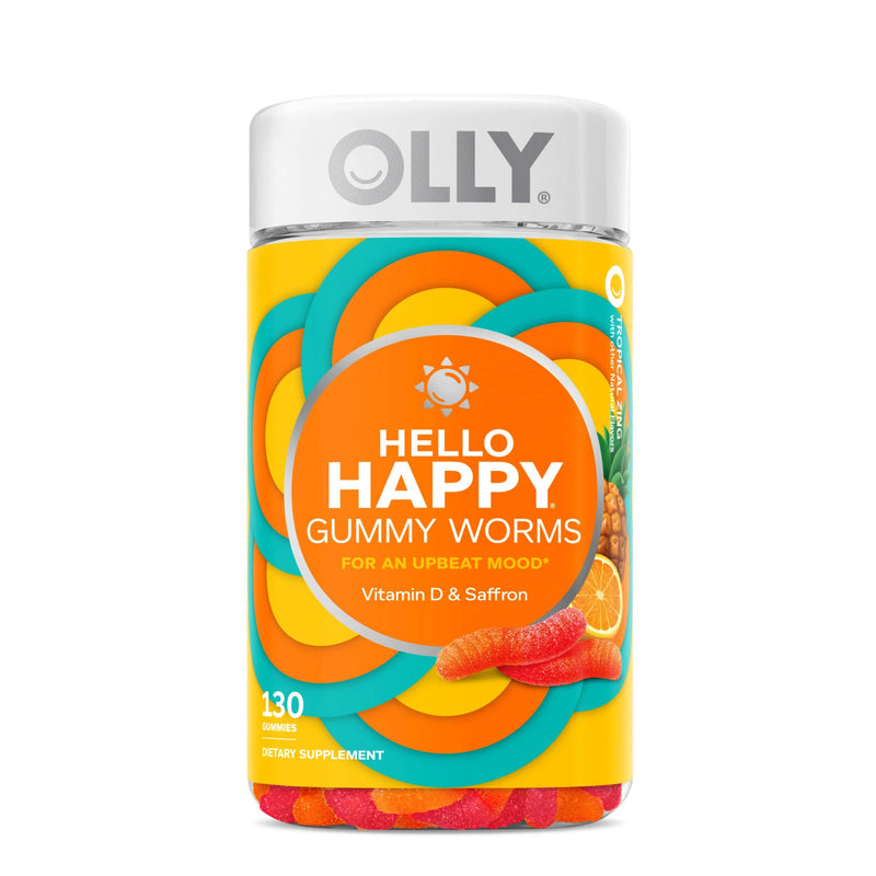 OLLY Hello Happy Gummy Worms, Mood Balance Support with Vitamin D, Adult Chewable Supplement, Tropical Zing (130 ct.)