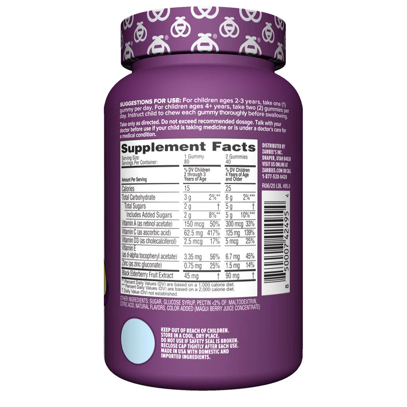 Zarbee's Naturals Children's Elderberry Immune Support* with Vitamin C & Zinc, Natural Berry Flavor (80 ct.)