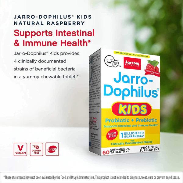 Jarrow Formulas Jarro-Dophilus Kids プロバイオティクス + プレバイオティクス シュガーフリー 天然ラズベリー味 10 億の生きたバクテリア 60 チュアブル タブレット