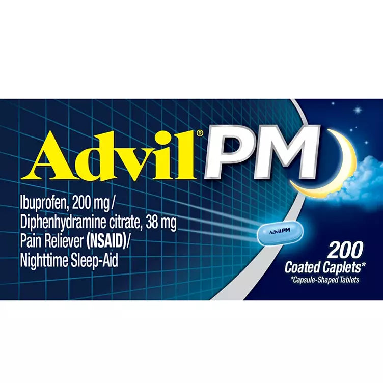 Advil PM Pain Reliever / Nighttime Sleep Aid Caplet, 200 mg. Ibuprofen & 38 mg. Diphenhydramine (200 ct.)