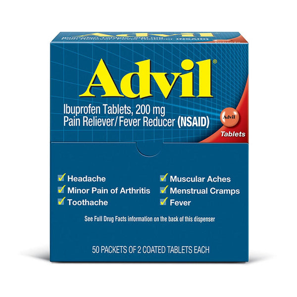 Advil 鎮痛剤 / 解熱剤コーティング錠、200 mg。イブプロフェン（50包、2錠/包）