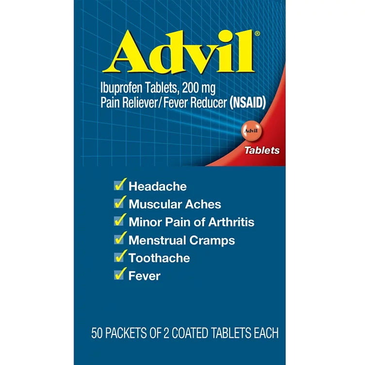 Advil Pain Reliever / Fever Reducer Coated Tablet, 200 mg. Ibuprofen (50 pk., 2 tablets/pk.)