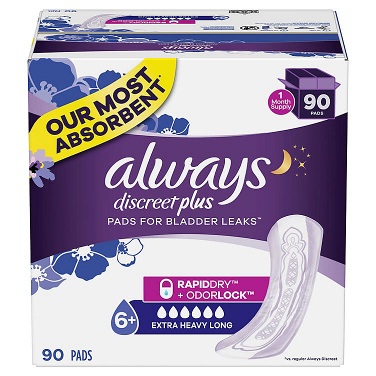 Always Discreet Extra Heavy Incontinence Pads, Up to 100% Leak-Free Protection, 90 Count