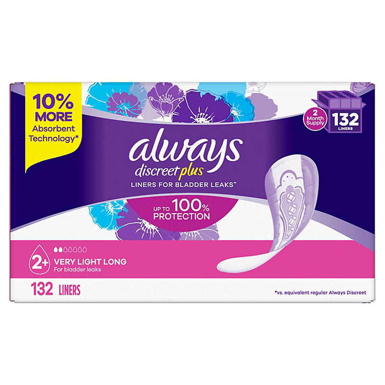 Always Discreet plus Incontinence Liners for Women, Very Light Absorbency, Long Length (132 ct.)