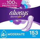 Always Discreet plus, Incontinence & Postpartum Pads for Women, Moderate Absorbency (153 ct.)