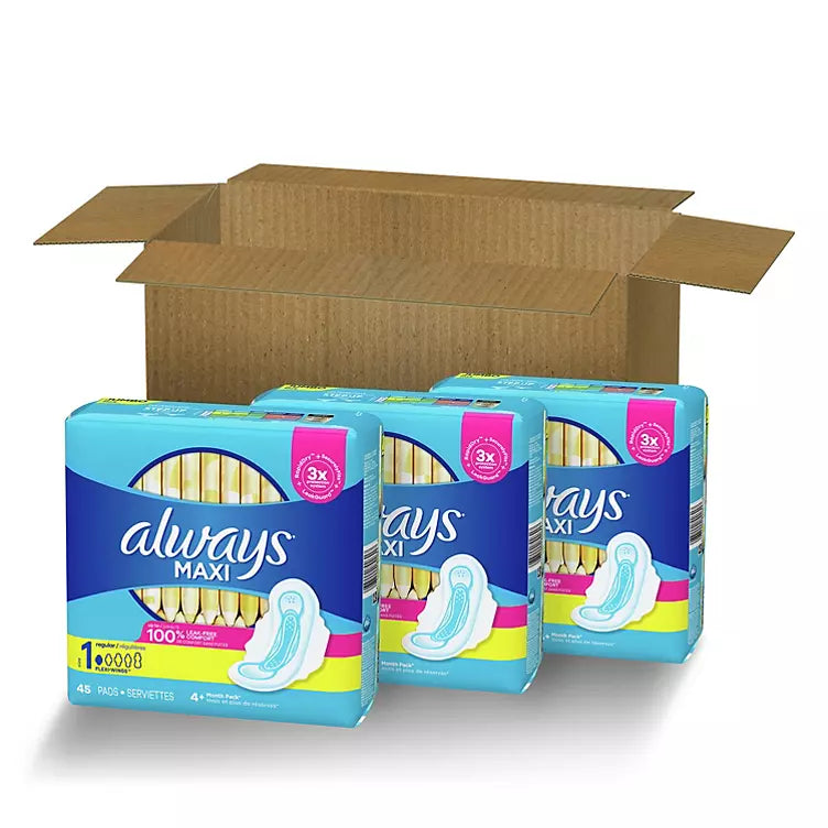 Always Maxi Daytime Pads with Wings, Size 1, Regular, Unscented, 135 CT