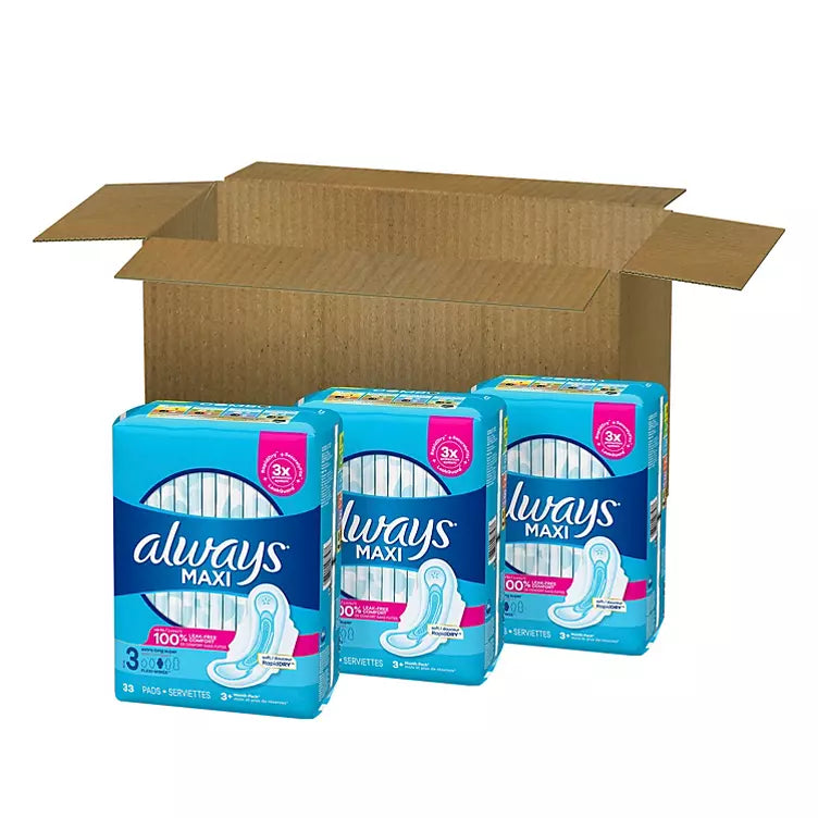 Always Maxi Daytime Pads with Wings, Size 3, Extra Long, Unscented, 99 CT