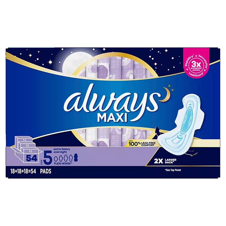 Always Maxi Extra Heavy Overnight Pads, Unscented - Size 5 (54 ct.)