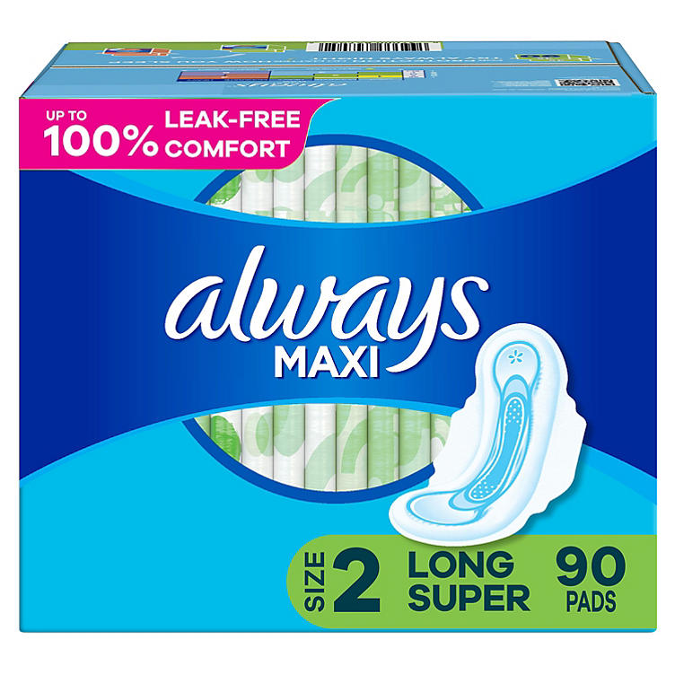 Always Maxi Long Super Pads, Unscented - Size 2 (90 ct.)