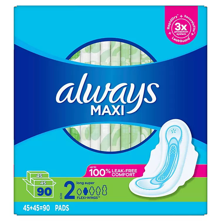 Always Maxi Long Super Pads, Unscented - Size 2 (90 ct.)