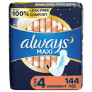 Always Maxi Pads Size 4 Overnight Absorbency Unscented with Wings (144 ct.)