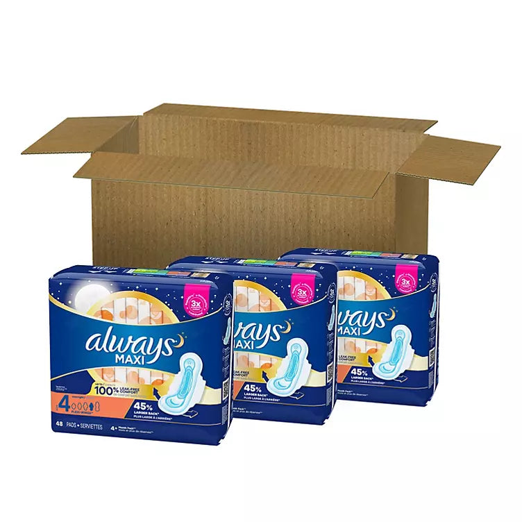 Always Maxi Pads Size 4 Overnight Absorbency Unscented with Wings (144 ct.)