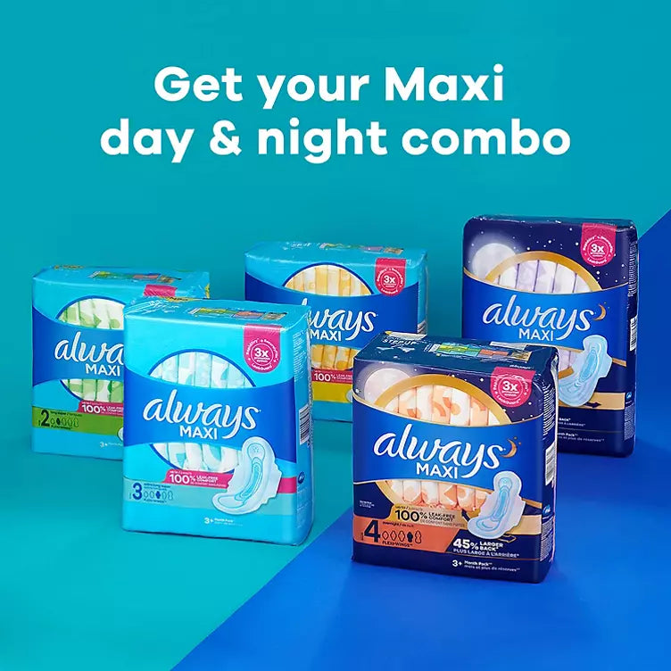 Always Maxi Pads Size 4 Overnight Absorbency Unscented with Wings (144 ct.)