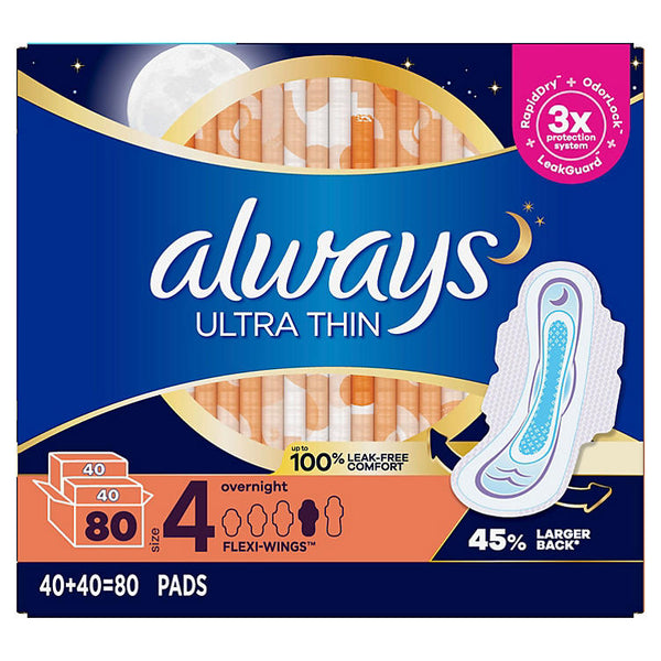 Always Ultra Thin Overnight Pads, Unscented - Size 4 (80 ct.)