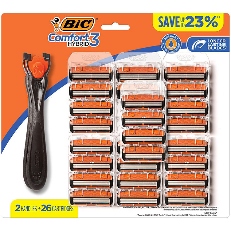BIC Comfort 3 Hybrid Men's Disposable Razor, 2 Handles + 26 Refill Car