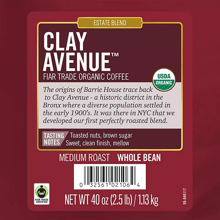 Barrie House Fair Trade Organic Whole Bean Coffee, Clay Avenue (32 oz.)