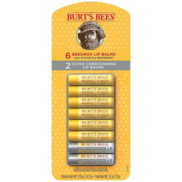 Burt's Bees 100% Natural Origin Moisturizing Lip Balm, Original Beeswax & Ultra Conditioning, 8 Tubes