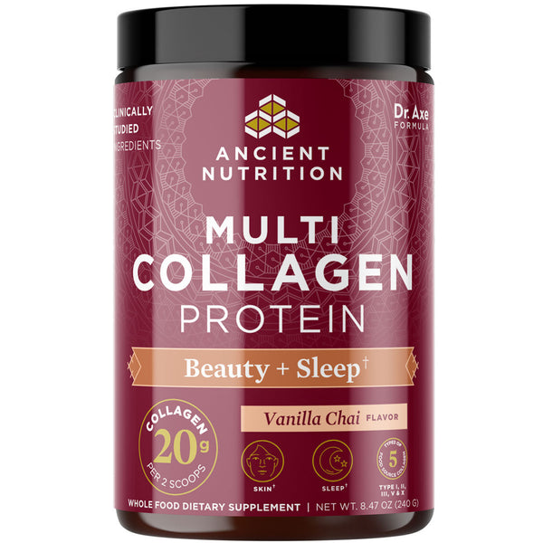 جمال بروتين الكولاجين المتعدد + دعم النوم بنكهة الفانيليا تشاي 8.47 أوقية (240 جم)