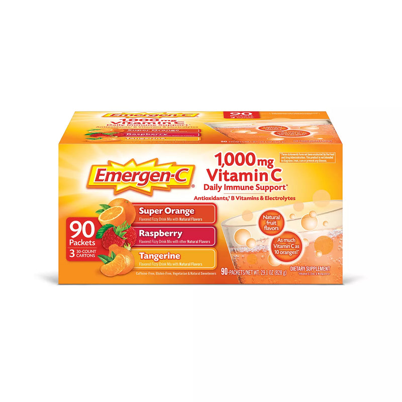 Emergen-C Variety Pack Dietary Supplement Drink Mix with 1000 mg. Vitamin C, Super Orange, Raspberry, and Tangerine (90 ct., 32 oz. pks.)