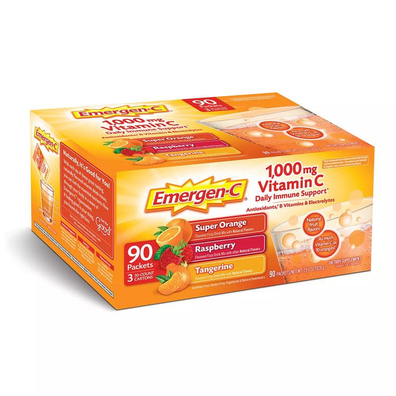 Emergen-C Variety Pack Dietary Supplement Drink Mix with 1000 mg. Vitamin C, Super Orange, Raspberry, and Tangerine (90 ct., 32 oz. pks.)