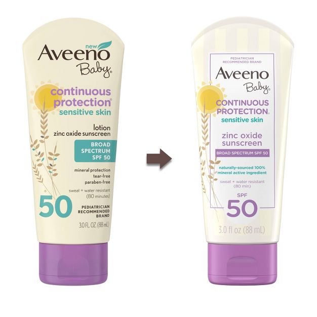 Aveeno ベビー コンティニュアス プロテクション センシティブ - ブロード スペクトラム スキン ローション サンスクリーン付き酸化亜鉛 - SPF 50 - 3 液量オンス