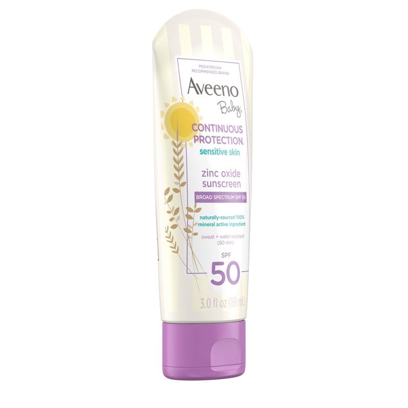 Aveeno Baby Continuous Protection Sensitive - Zinc Oxide with Broad Spectrum Skin Lotion Sunscreen - SPF 50 - 3 fl oz