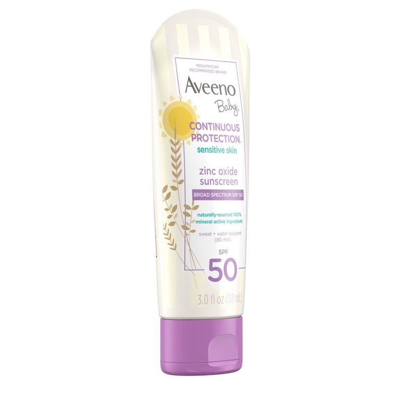 Aveeno 베이비 컨티뉴어스 프로텍션 센시티브 - 산화아연, 광범위한 스펙트럼 스킨 로션 선스크린 - SPF 50 - 3액량 온스