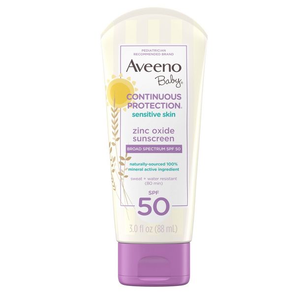 Aveeno Baby مستمر للحماية الحساسة - أكسيد الزنك مع لوشن واسع النطاق للبشرة واقي من الشمس - SPF 50 - 3 أونصات سائلة