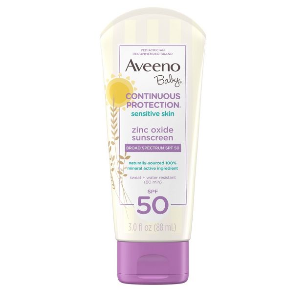 Aveeno 베이비 컨티뉴어스 프로텍션 센시티브 - 산화아연, 광범위한 스펙트럼 스킨 로션 선스크린 - SPF 50 - 3액량 온스