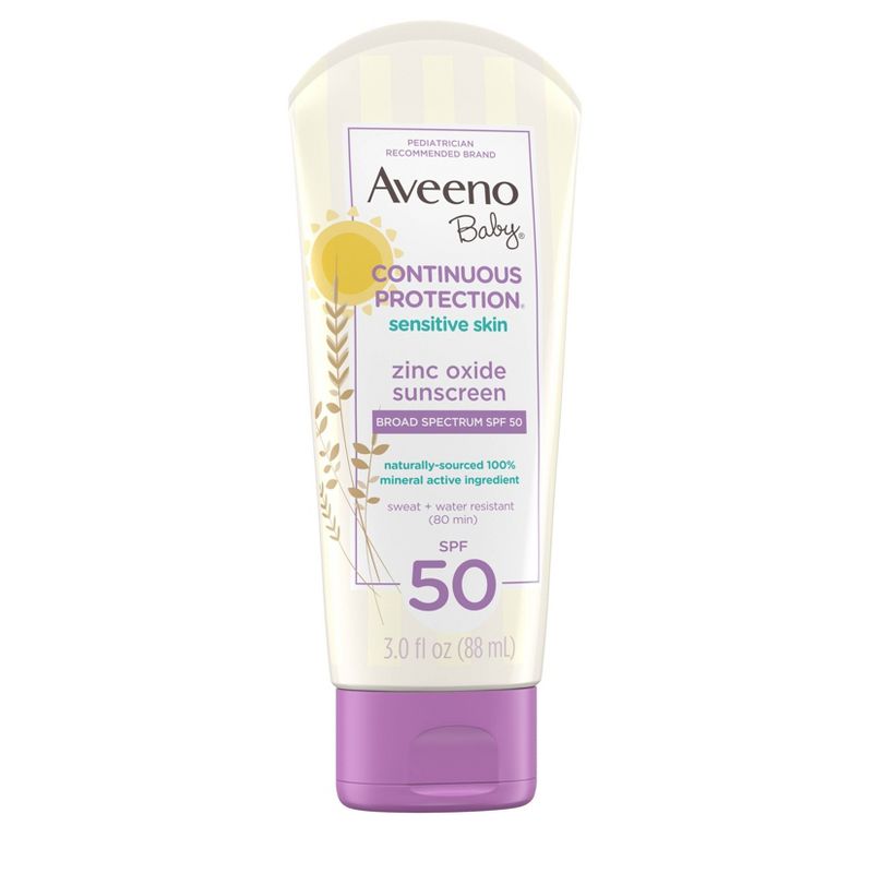 Aveeno Baby Continuous Protection Sensitive - Zinc Oxide with Broad Spectrum Skin Lotion Sunscreen - SPF 50 - 3 fl oz