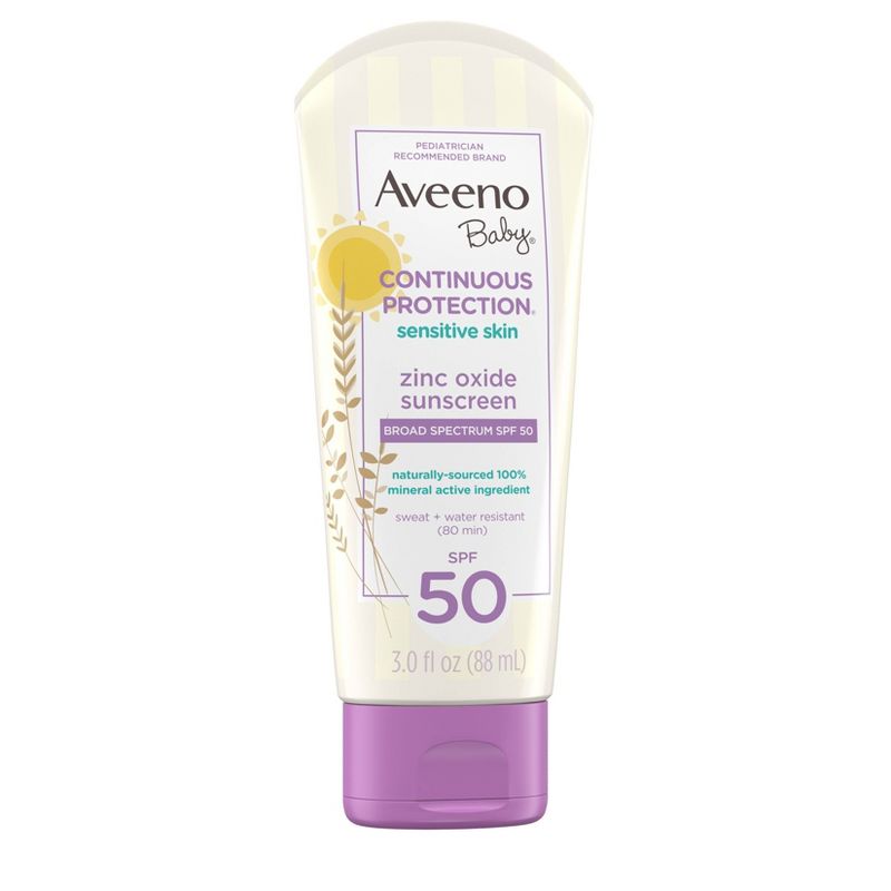 Aveeno 베이비 컨티뉴어스 프로텍션 센시티브 - 산화아연, 광범위한 스펙트럼 스킨 로션 선스크린 - SPF 50 - 3액량 온스