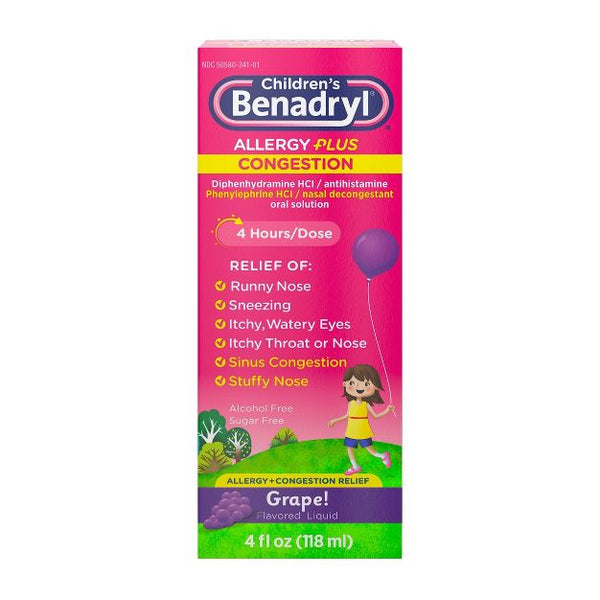 Children's Benadryl Allergy Plus Congestion Relief Liquid - グレープ - ジフェンヒドラミン - 4 液量オンス