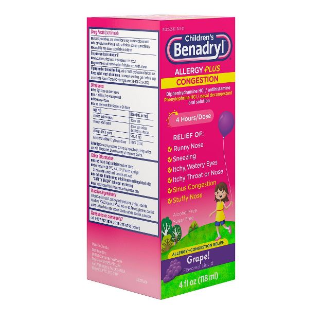 어린이 Benadryl 알레르기 플러스 혼잡 완화 액체 - 포도 - 디펜히드라민 - 4 액량 온스