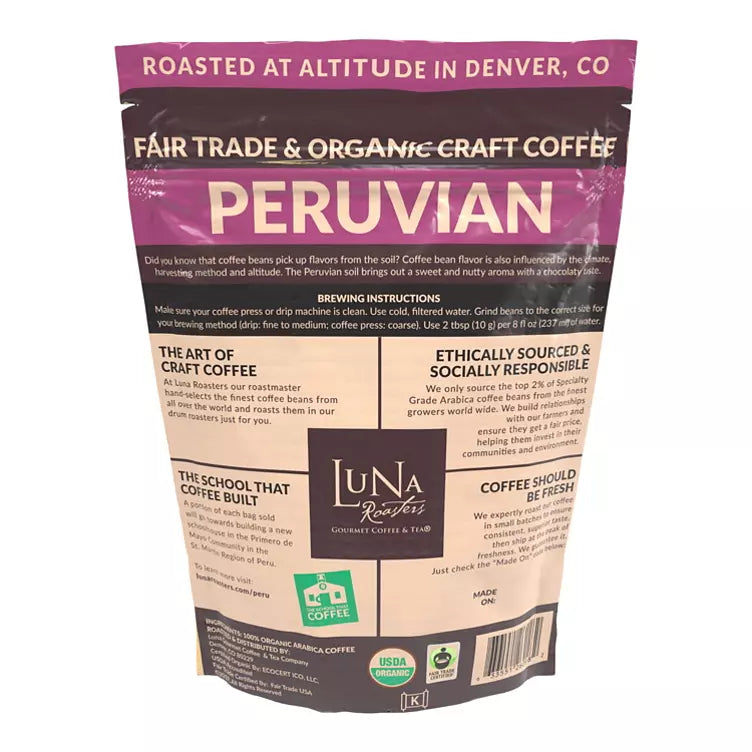 Luna Roasters Fair Trade Organic Peruvian Craft Whole Bean Coffee, Medium Roast (30 oz.)