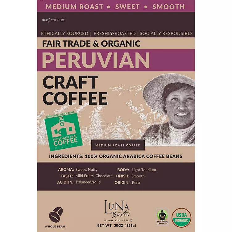 Luna Roasters Fair Trade Organic Peruvian Craft Whole Bean Coffee, Medium Roast (30 oz.)