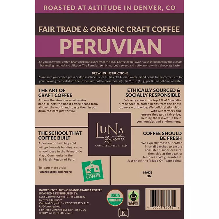 Luna Roasters Fair Trade Organic Peruvian Craft Whole Bean Coffee, Medium Roast (30 oz.)