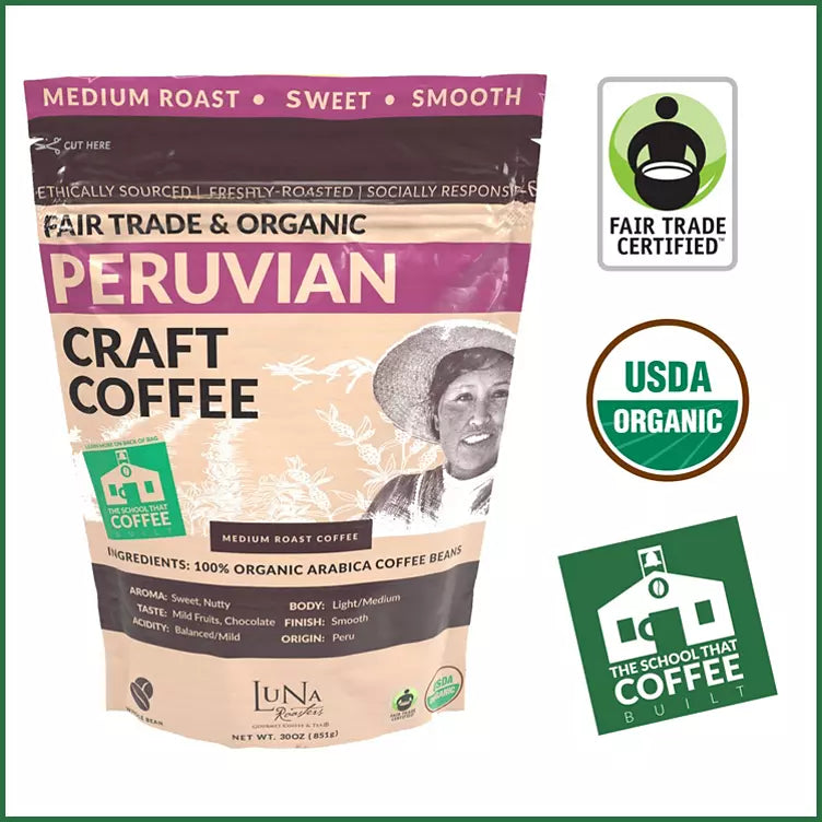 Luna Roasters Fair Trade Organic Peruvian Craft Whole Bean Coffee, Medium Roast (30 oz.)