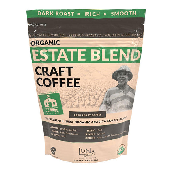 Luna Roasters Organic Estate Blend Craft Whole Bean Coffee, Dark Roast (30 oz.)