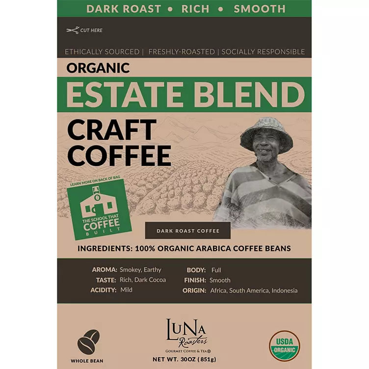 Luna Roasters Organic Estate Blend Craft Whole Bean Coffee, Dark Roast (30 oz.)