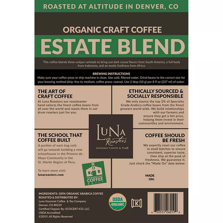 Luna Roasters Organic Estate Blend Craft Whole Bean Coffee, Dark Roast (30 oz.)