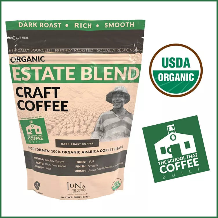 Luna Roasters Organic Estate Blend Craft Whole Bean Coffee, Dark Roast (30 oz.)