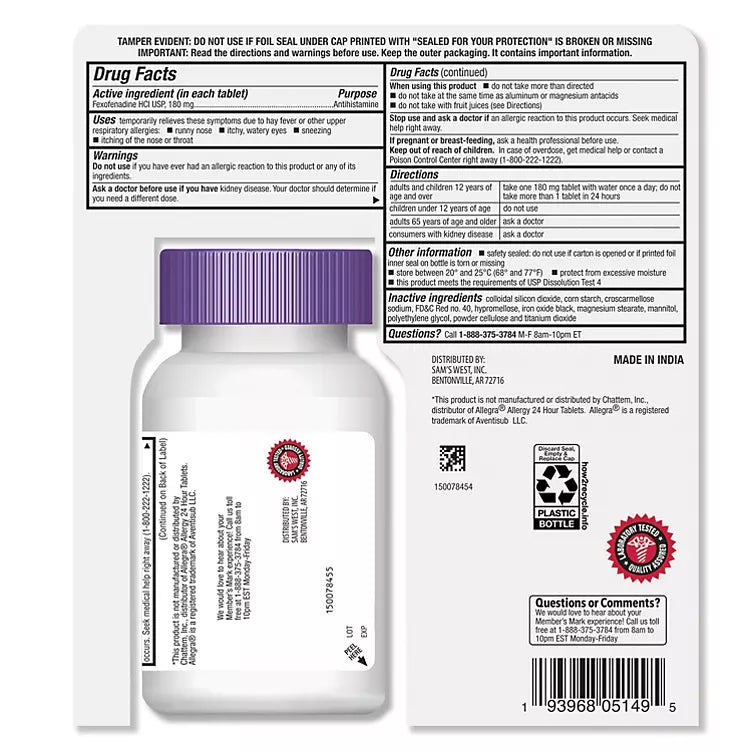 Member's Mark 180mg Allergy Relief, Fexofenadine (150 ct.)