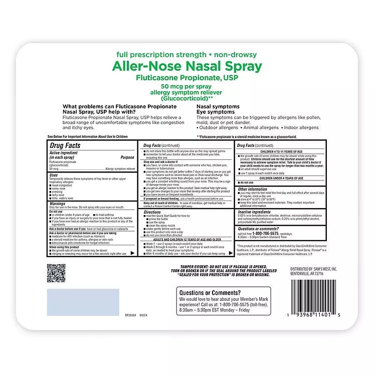 Member's Mark 50mcg Aller-Nose, Fluticasone Propionate Nasal Spray (0.62 fl. oz., 6 ct.)