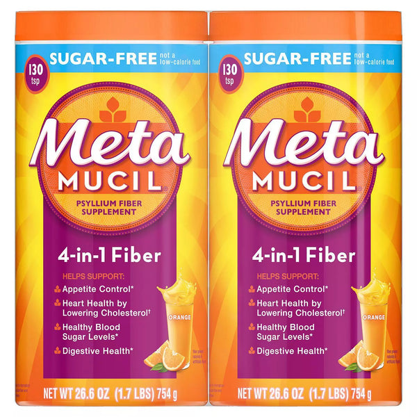 Metamucil Fiber 4-in-1 Psyllium Sugar-Free Fiber Supplement Powder, Orange Flavor (26.6 oz., 2 pk.))