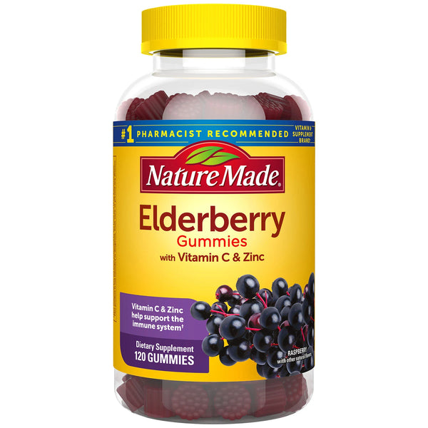 면역 지원을 위해 아연과 비타민 C가 함유된 Nature Made Elderberry 구미(120캐럿)