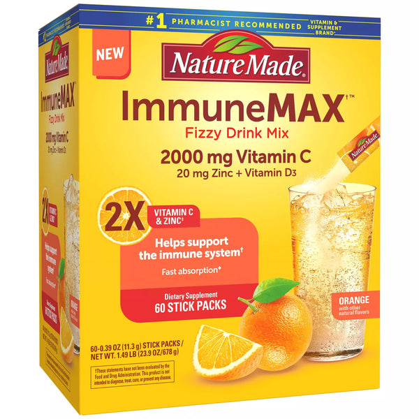 Nature Made ImmuneMAX 탄산 음료 믹스, 비타민 C, 비타민 D 및 면역 지원을 위한 아연 보충제 포함(60캐럿)