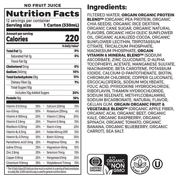 Orgain Organic Nutrition Vegan All-in-One Protein Plant Based RTD Shake, Smooth Chocolate (12 ct.)